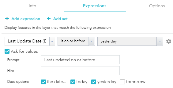 Expression with Ask for values enabled and Date options modified